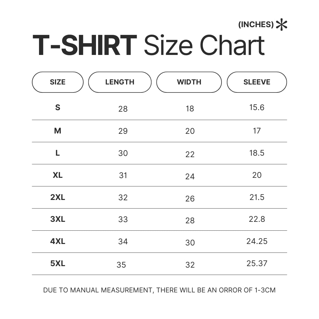 3D T shirt Size Chart - JoJo's Bizarre Adventure Merch