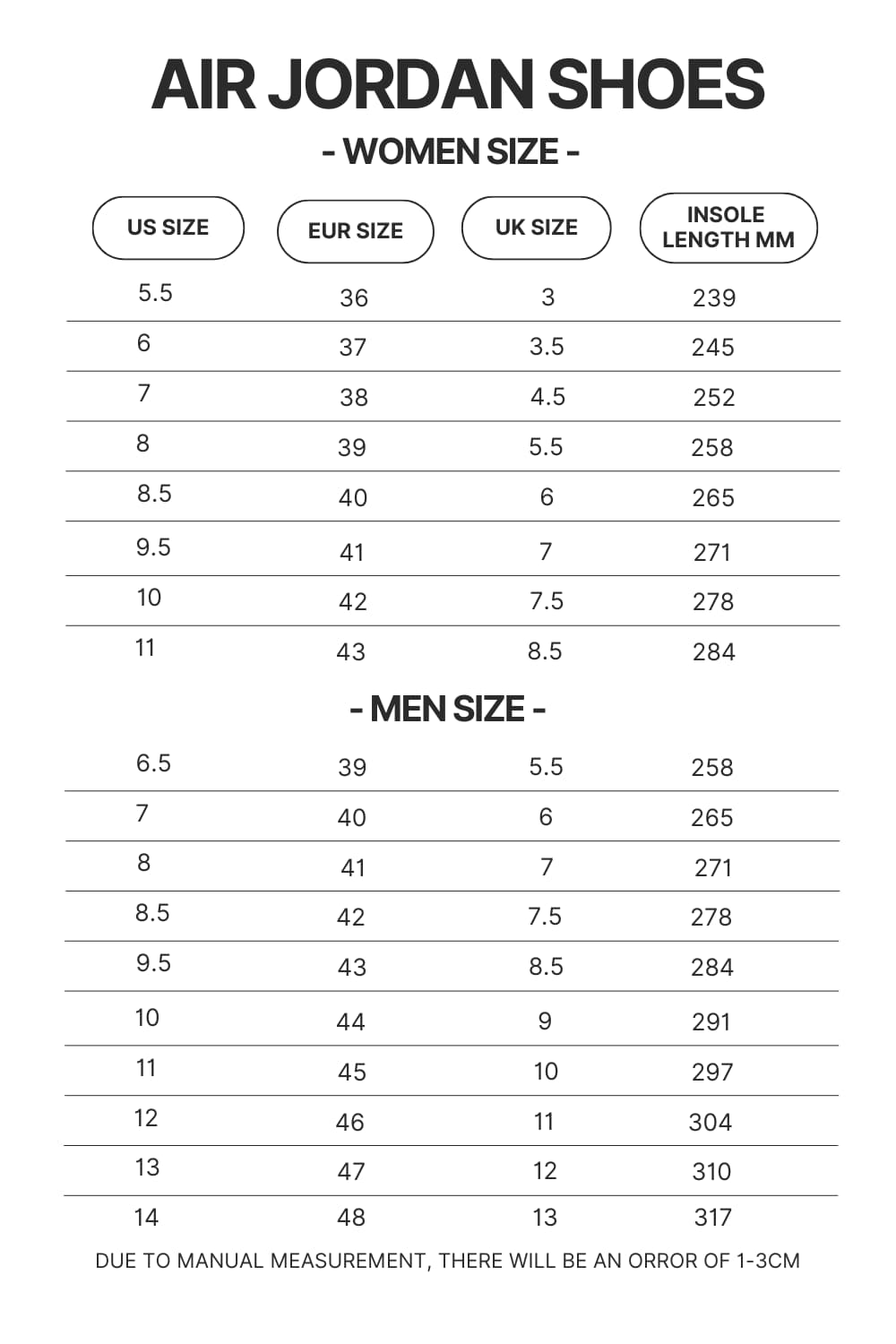 Air Jordan Shoes Size Chart - JoJo's Bizarre Adventure Merch