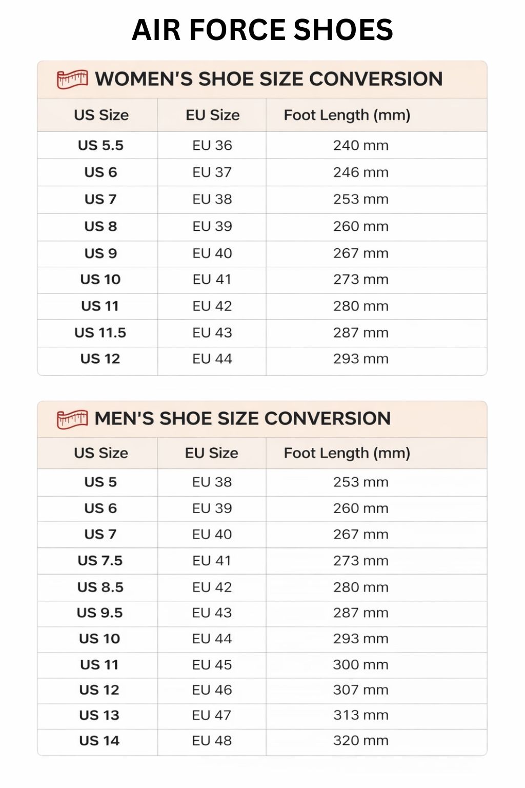 Air Force Shoes Size Chart - JoJo's Bizarre Adventure Merch