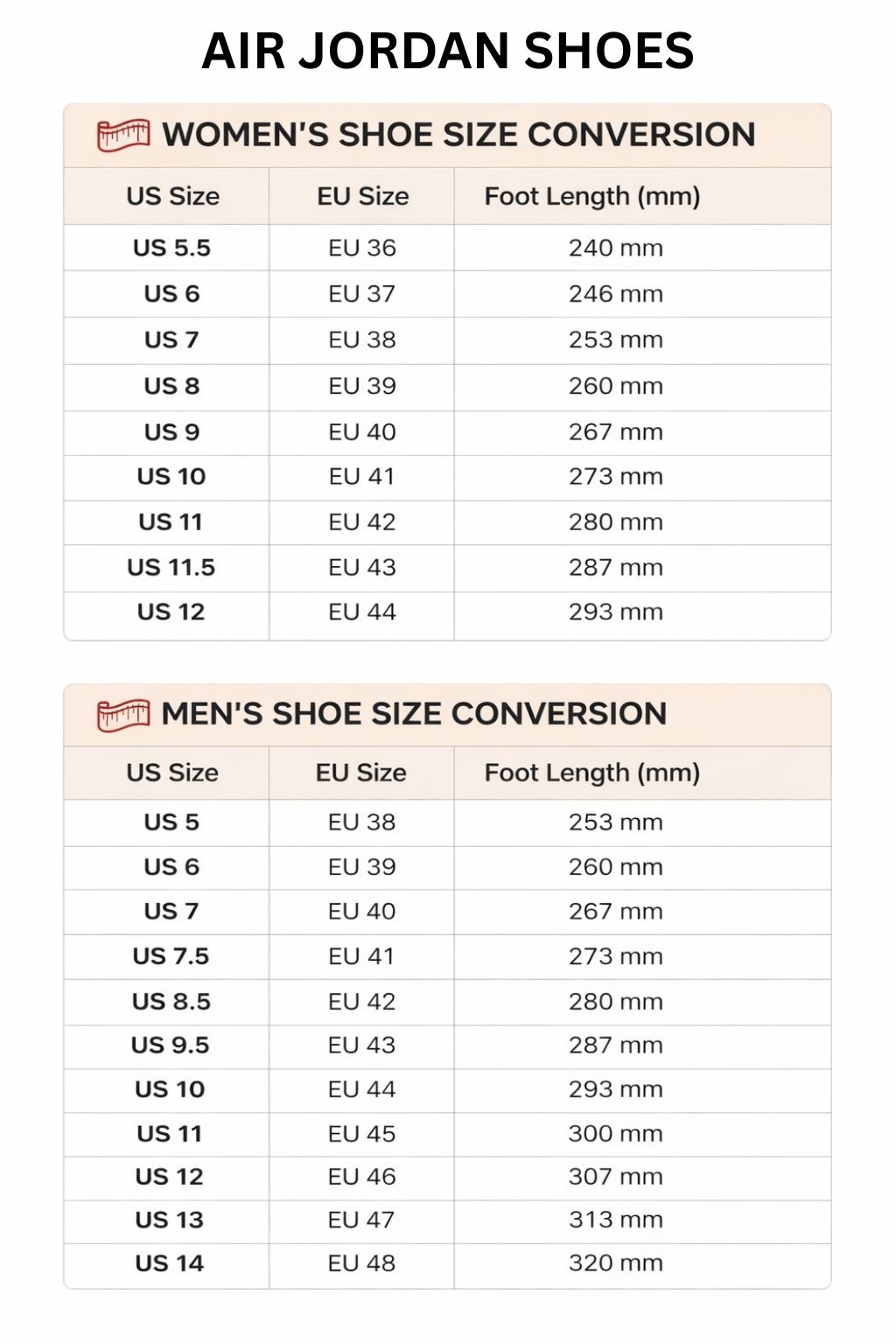 Air Jordan High Low Top Shoes Size Chart - JoJo's Bizarre Adventure Merch